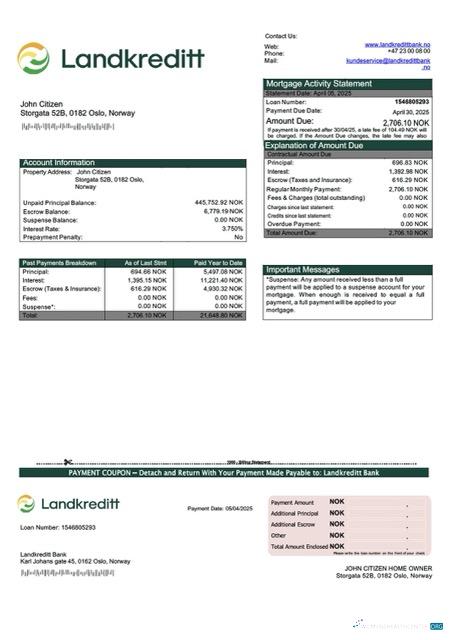 Download Norway Landkreditt Bank mortgage statement Word and PDF template Photoshop template